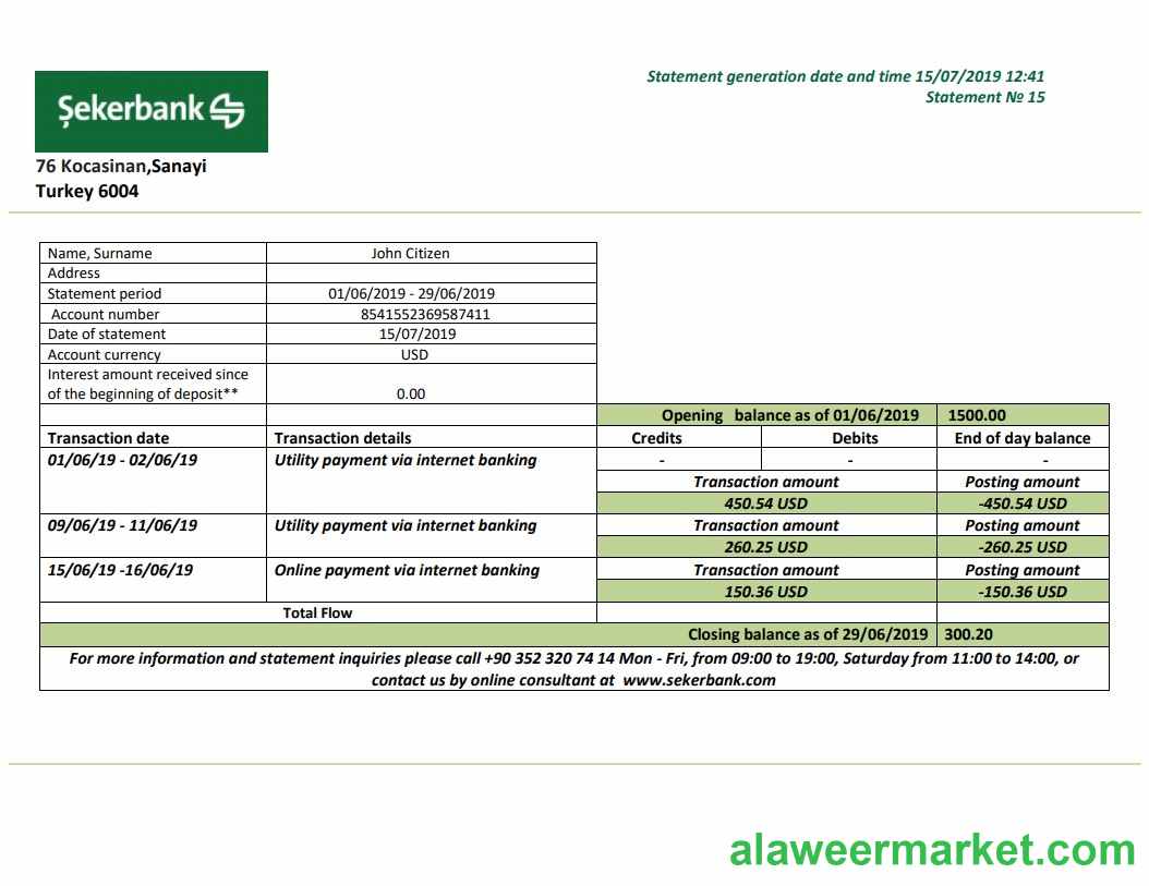 Turkey Sekerbank bank statement template in .doc and .pdf format, fully editable